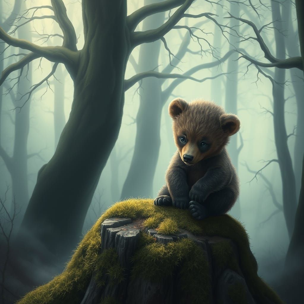 Bear Cub Sits Alone in Mysterious Forest Landscape