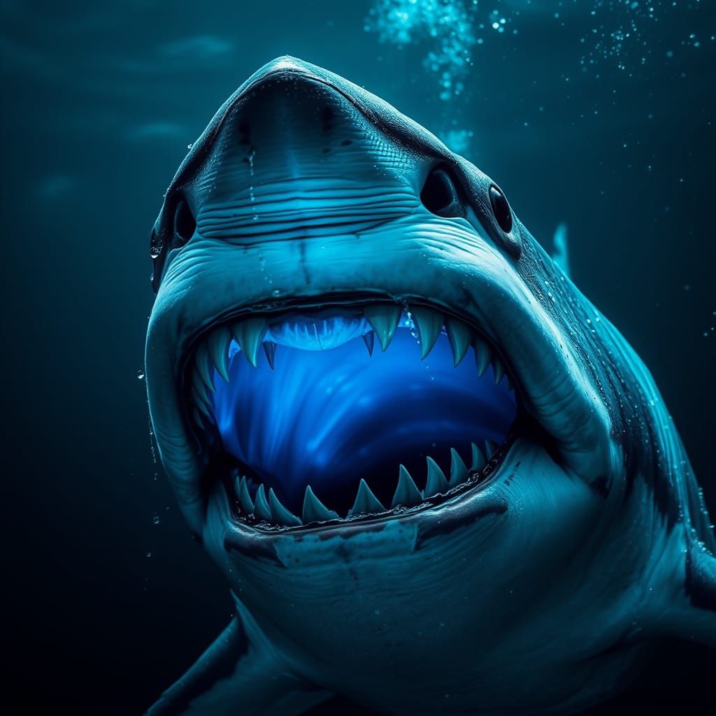 Great White Shark Lunge with Bioluminescent Glow