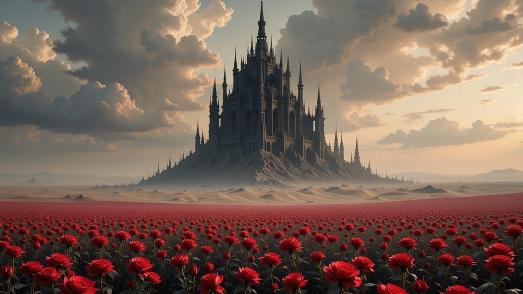 Gothic Tower in Desert Rose Field, Dark Fantasy Style