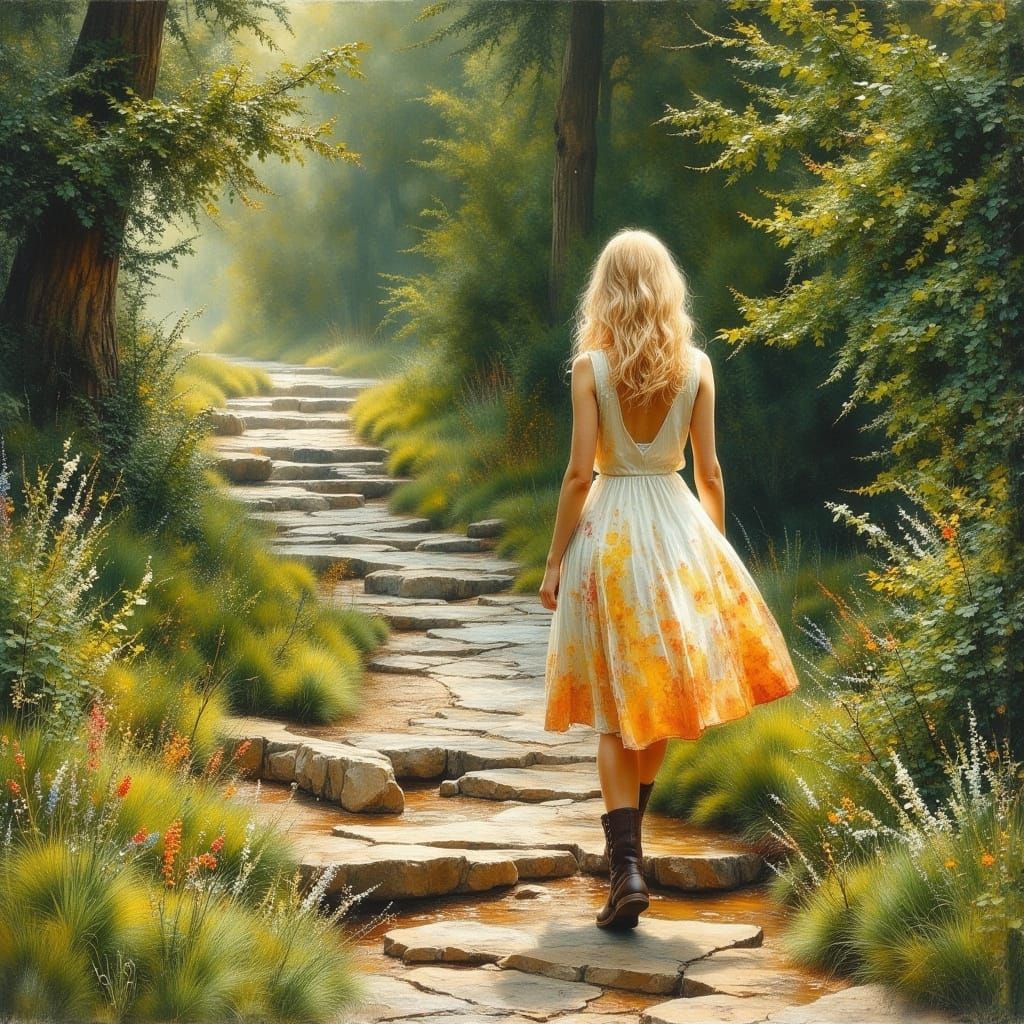 Woman on Rocky Path in Dark Oil Paint Style