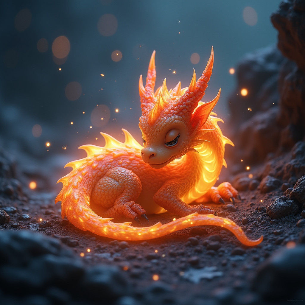 Fiery Baby Dragon with Water Hand: Fantasy Concept Art