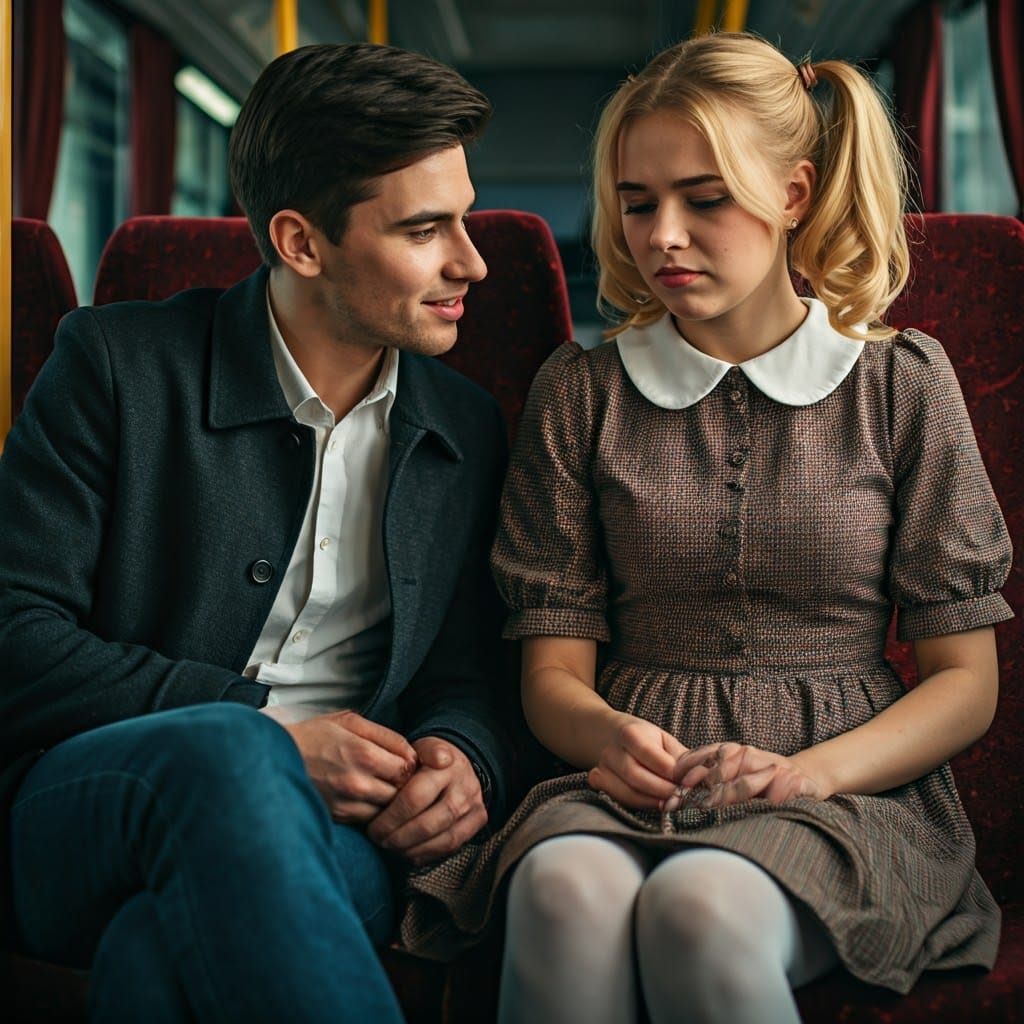 Young Man Places Hand on Companion's Knee in Bus