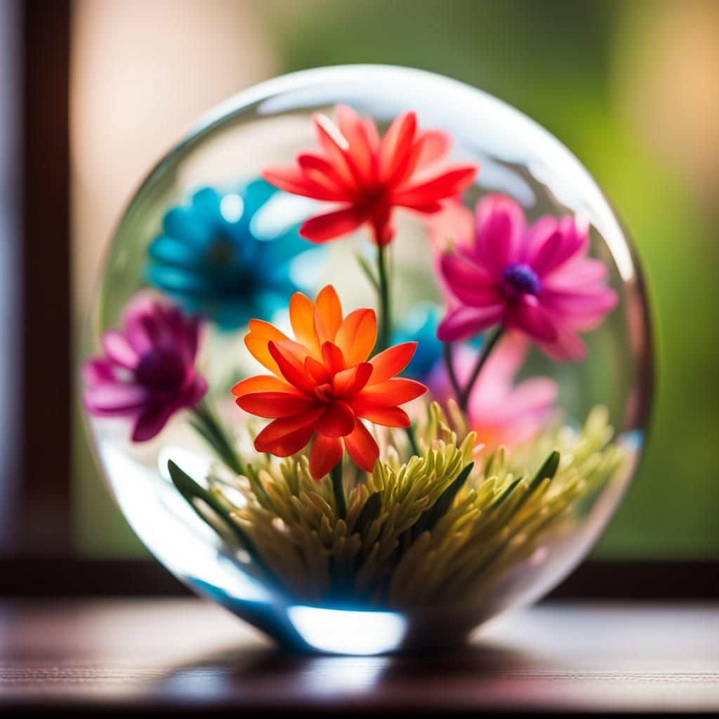 Glass Ball with Colorful Paper Flowers: Bokeh Photography