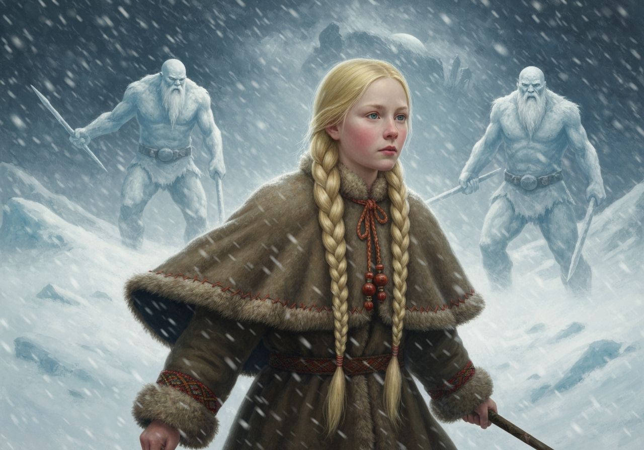 Scandinavian Myth Scene with Ice Giants and Girl in Snowstor...