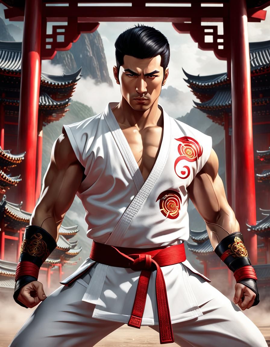 A handsome man wearing a white martial arts wear, Chinese symbols on his red belt, muscular frame, mastering the martial...