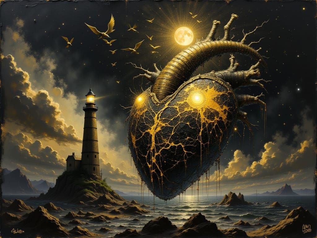 Heart Lighthouse Guiding Lost Birds in Storm