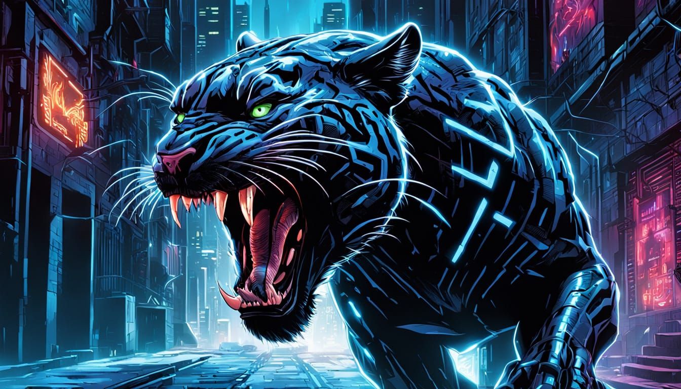Biomech Panther Roaring in Alley: Comic Book Art