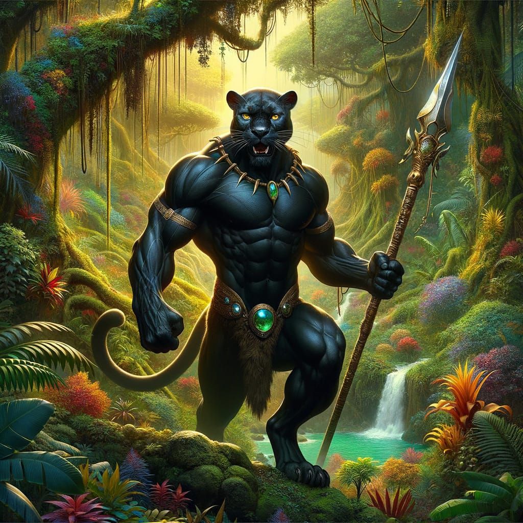 Panther Warrior in Jungle with Spear