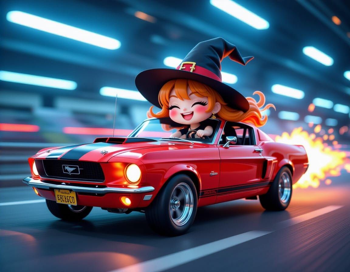 Chibi Witch Races Red Muscle Car in HDR Style