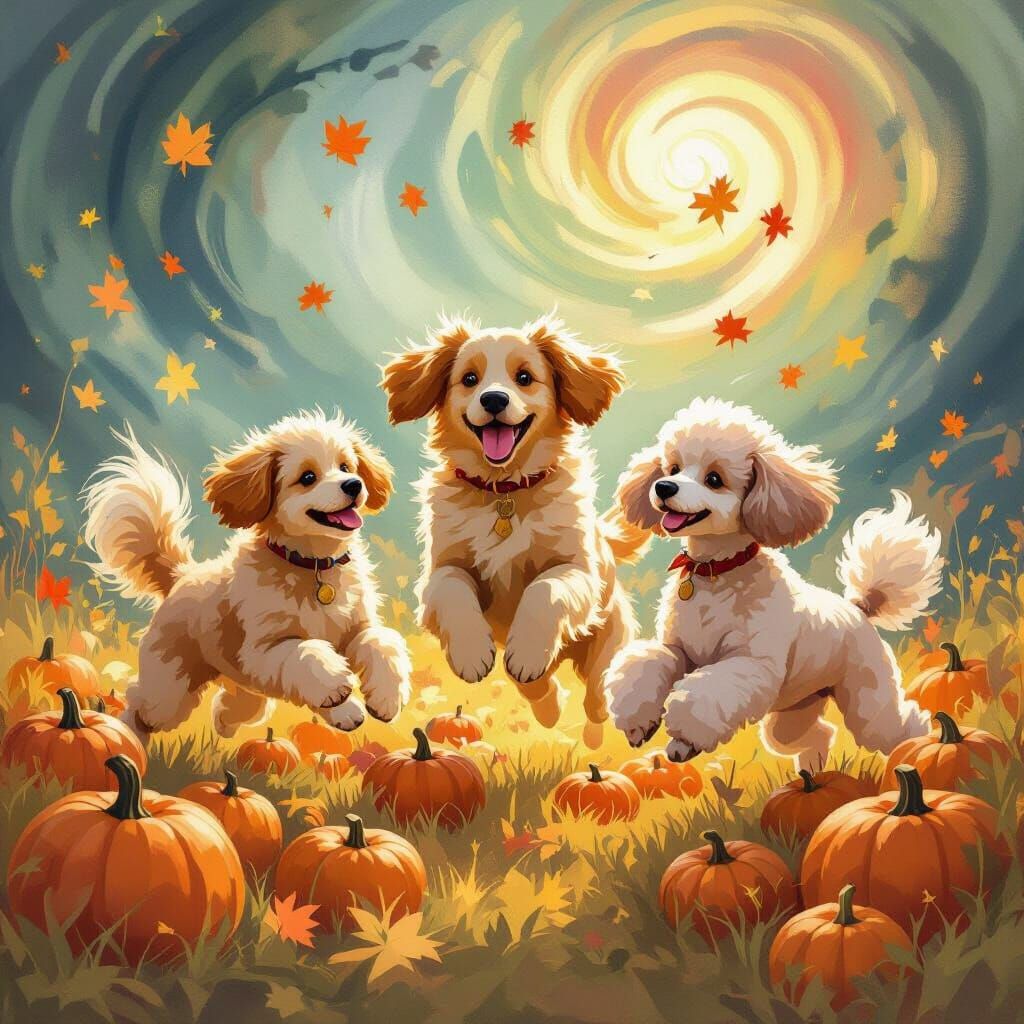 Joyful Dogs Dancing Among Enchanted Pumpkins