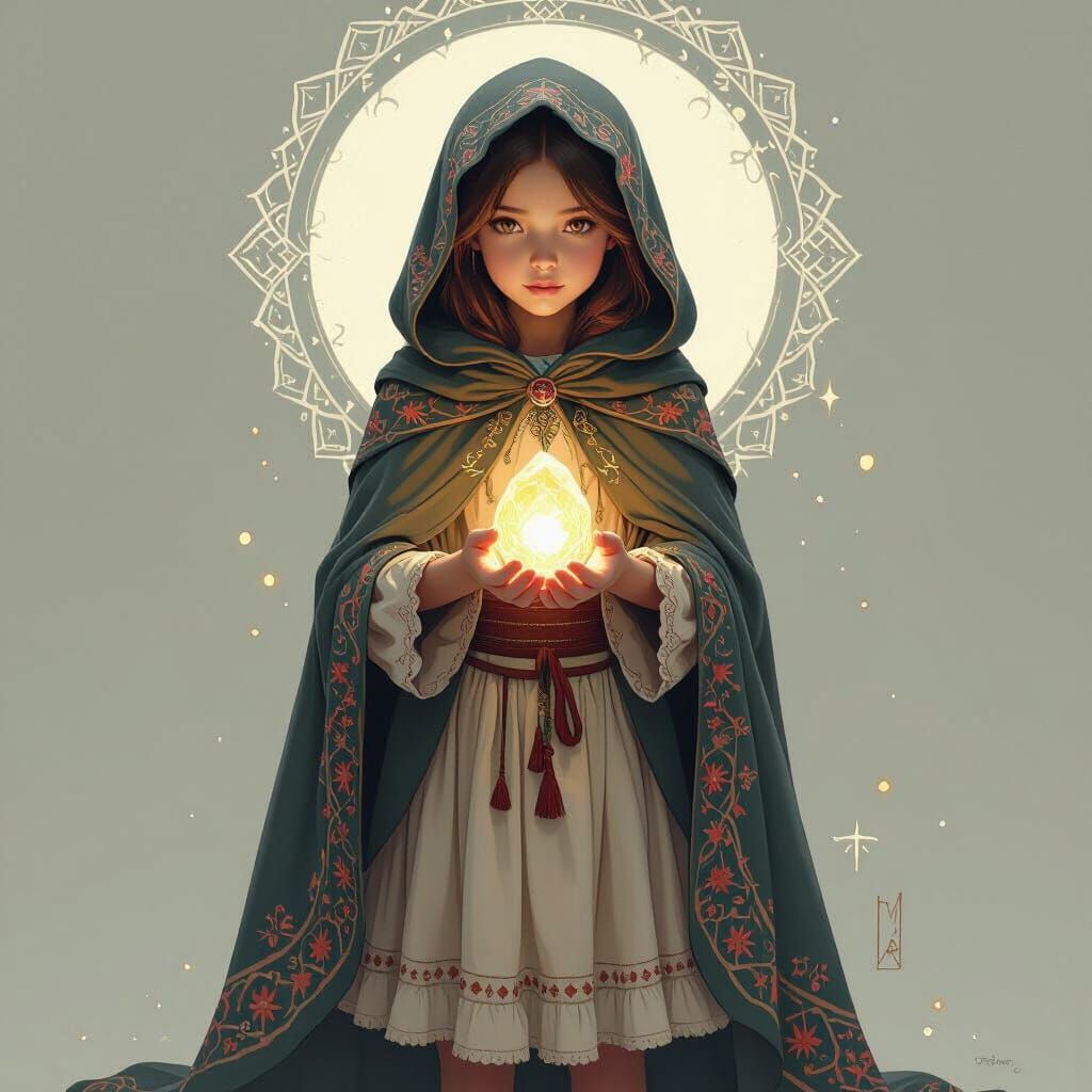 Mysterious Girl with Glowing Stone in Ethereal Style