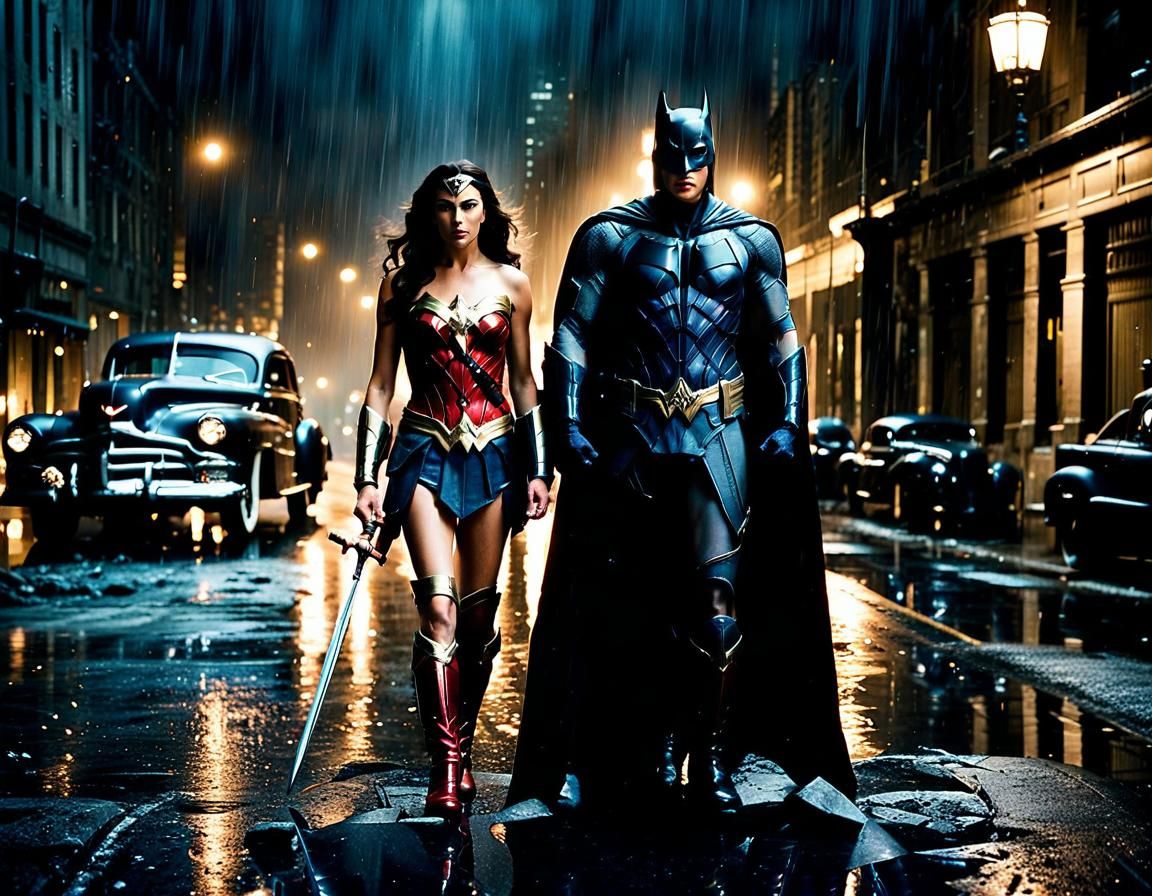 Batman and Wonder Woman in Rainy Gotham: Film Still