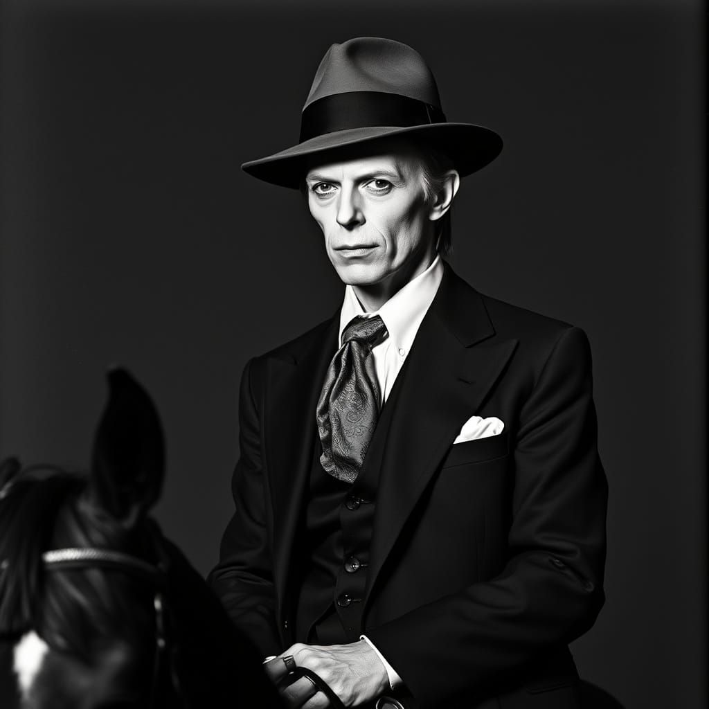 David Bowie Majestically Rides Black Horse in Elegant Fedora...