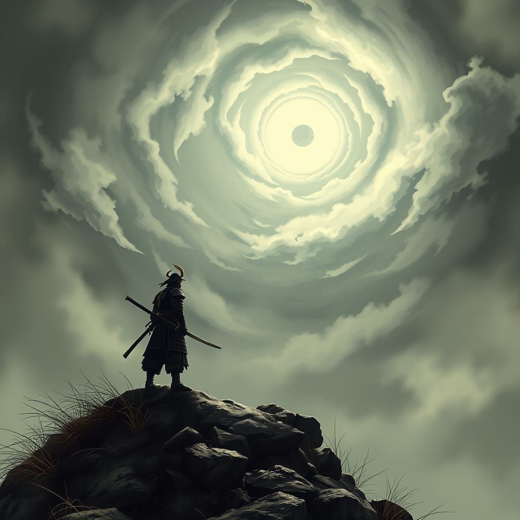 Samurai Warrior on Windswept Peak in Dark Fantasy Style