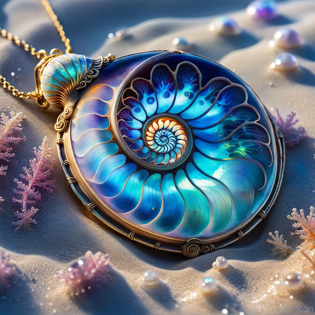 Bioluminescent Seashell Necklace in Watercolor Style