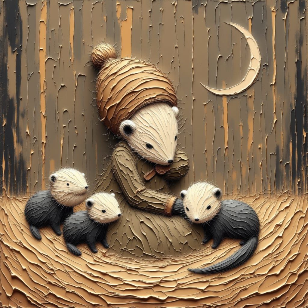 Mother Ferret and Babies in Beatrix Potter Style