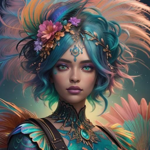 Peacock Haired Woman in Vibrant 3D Digital Art