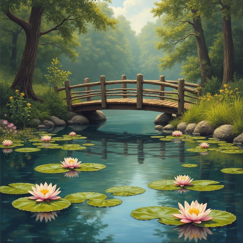 Water Lilies and Bridge in Folk-Art Style