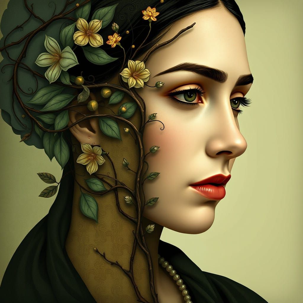 Ethereal Art Nouveau Botanical Portrait with Whimsical Symbo...