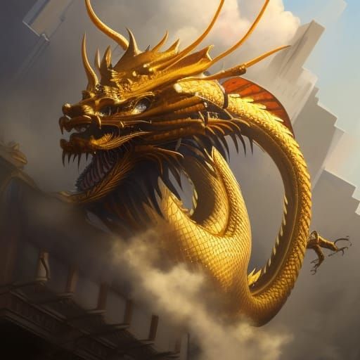 Three-Headed Golden Dragon Attacks Skyscraper