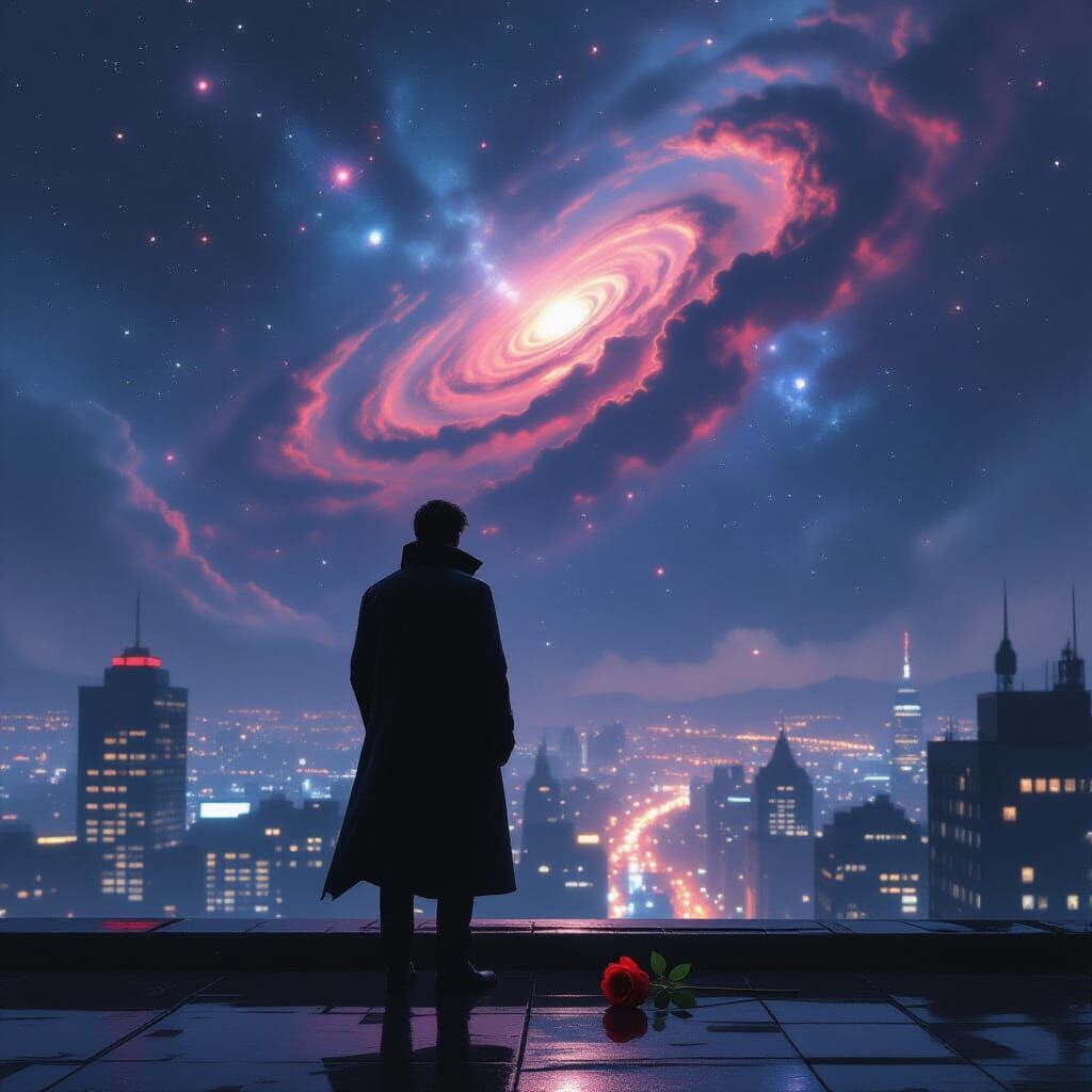 Contemplative Figure on Rooftop Under Nebula Sky