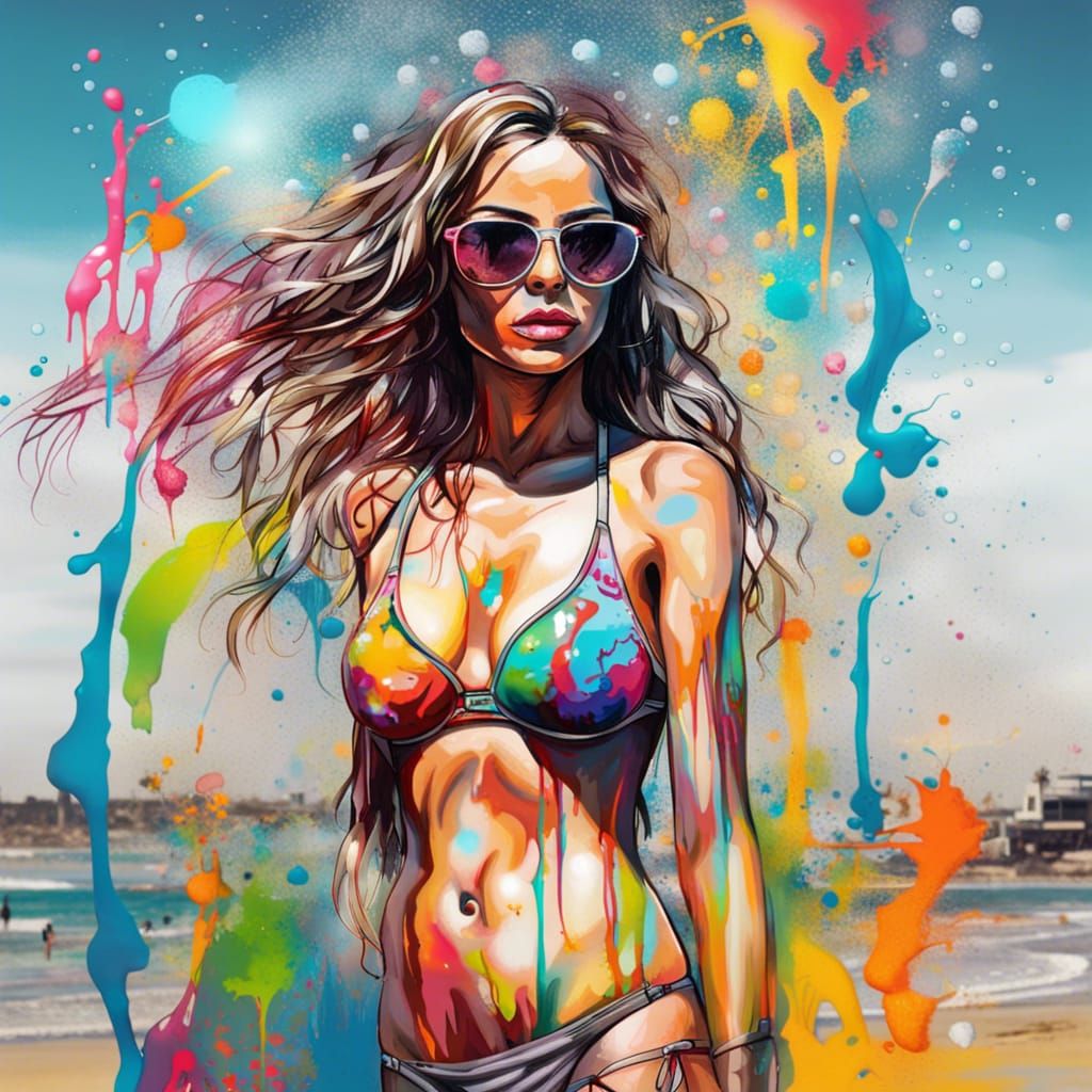 Colorful Graffiti Art of Woman on Beach