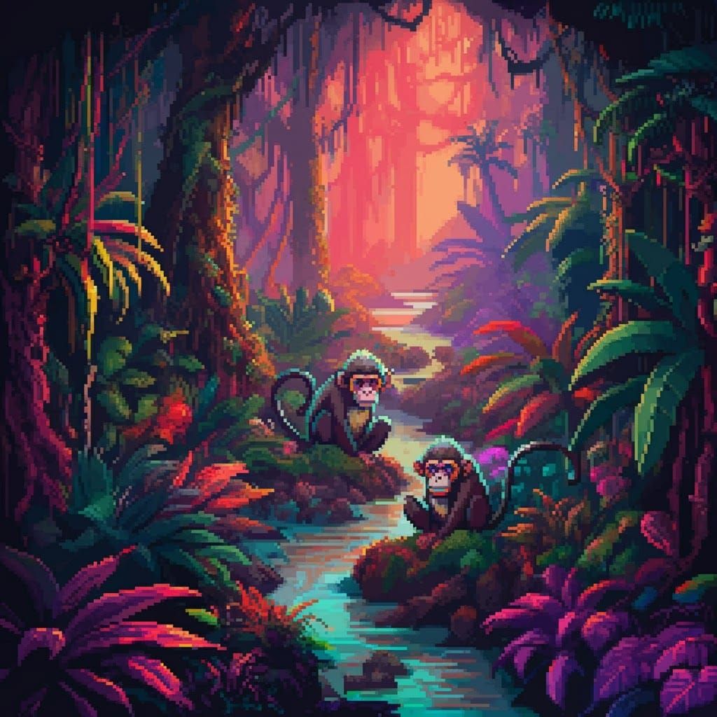 Trippy Monkeys in Tropical Jungle Pixel Art