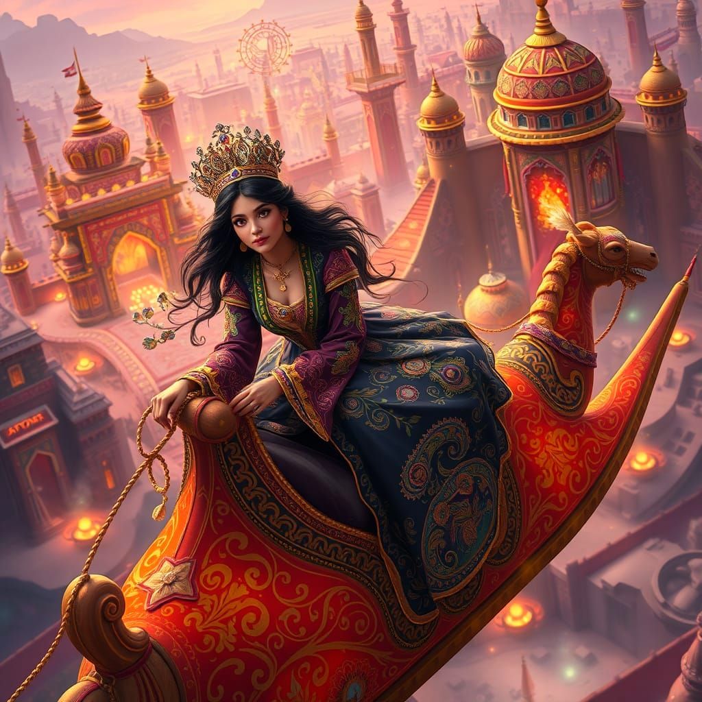 Majestic Princess on a Flying Carpet in a Whimsical Arabian ...