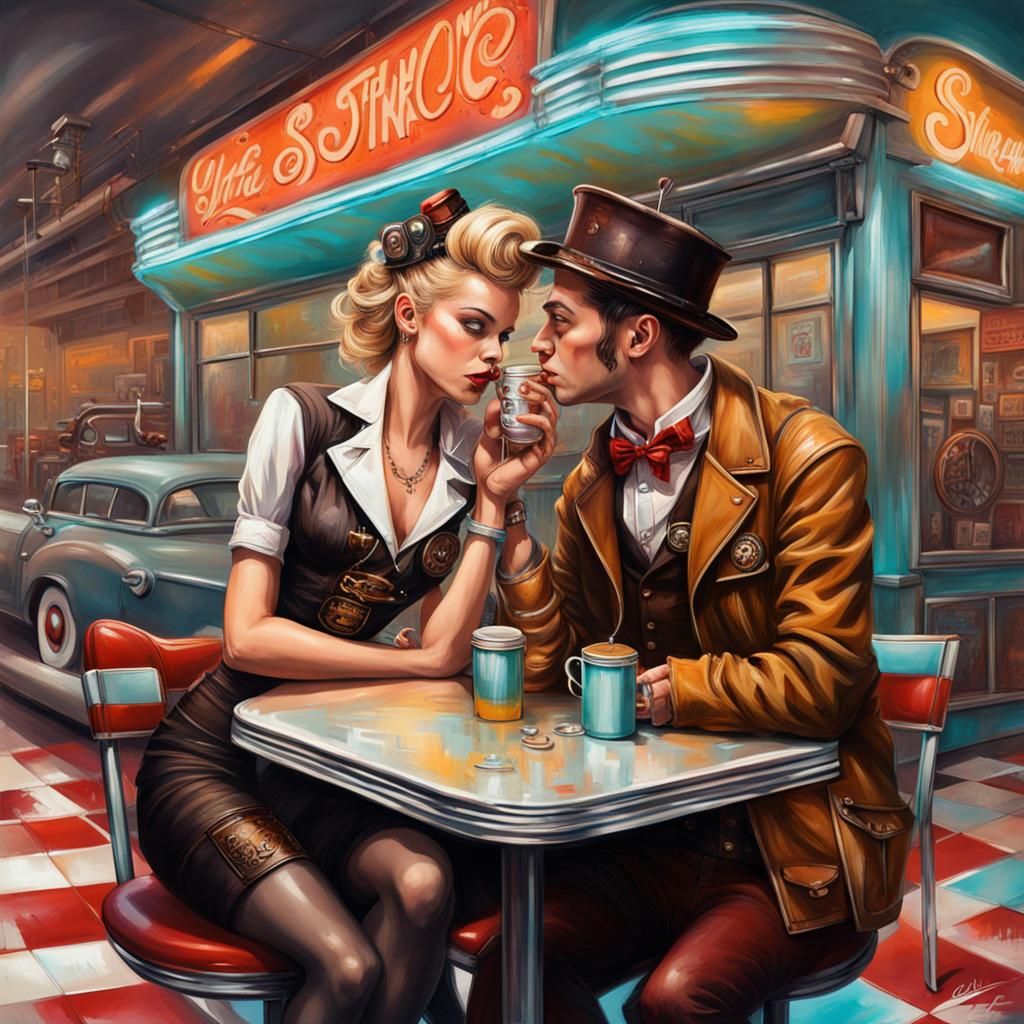 Steampunk Couple in 50s Diner, Graffiti Art Style