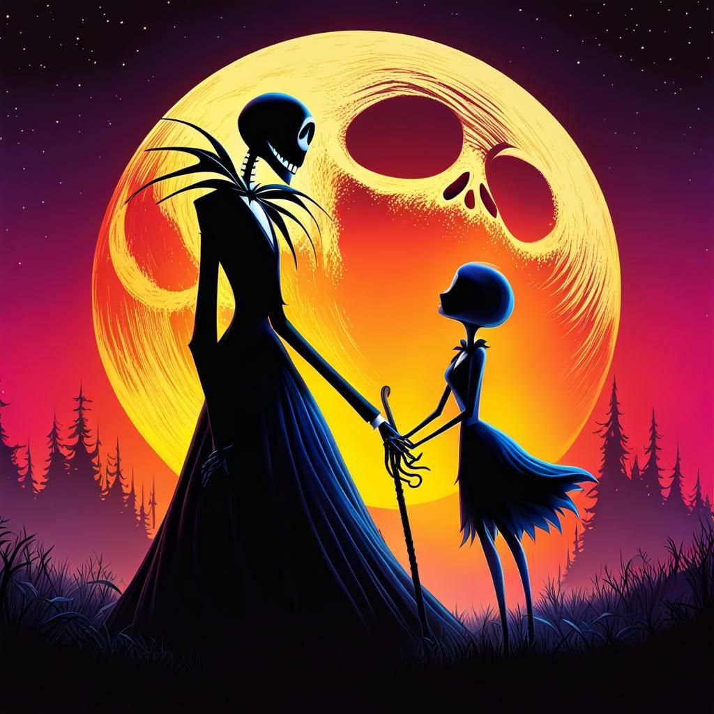 Jack and Sally Embrace: A Tim Burton Inspired Poster