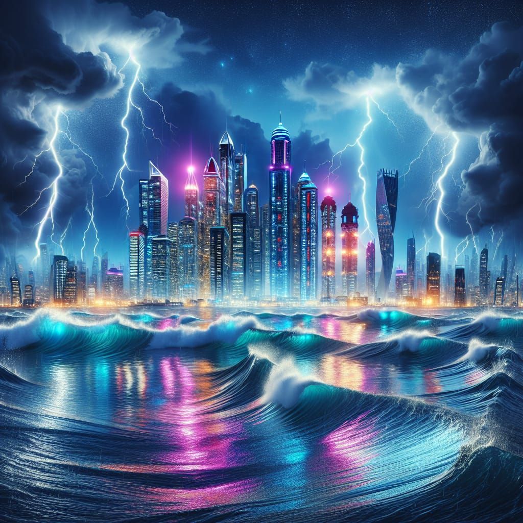 Surreal Futuristic Cityscape Amidst Turbulent Seas and Storm...