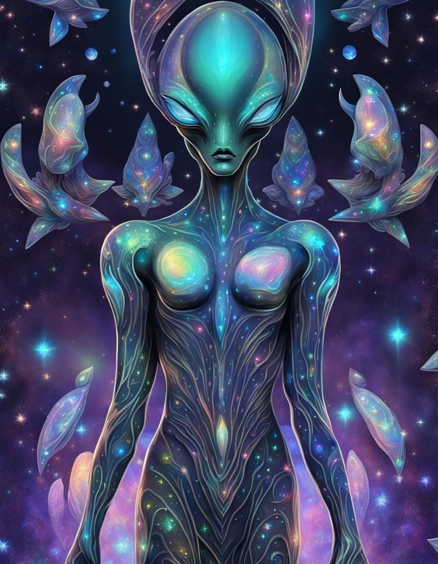 Holographic Bioluminescent Alien with Jeweled Stars