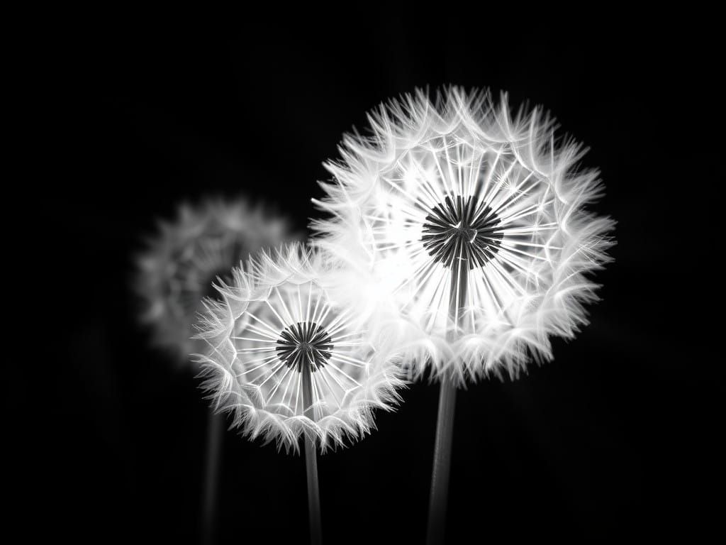 Surreal Dandelion Blooms in High Contrast Black and White
