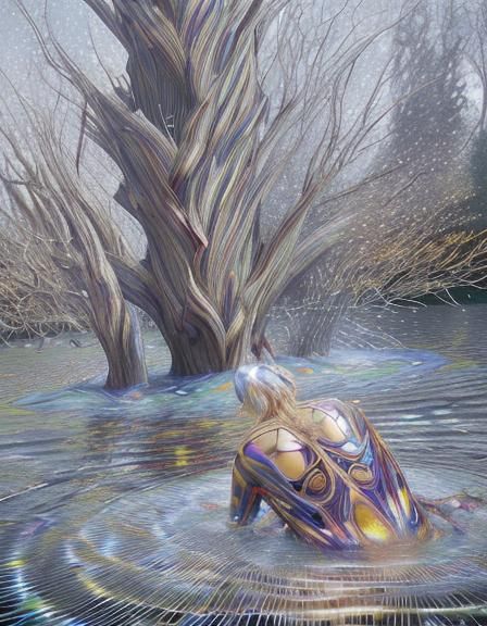 Magical Pond Scene in Biopunk Style