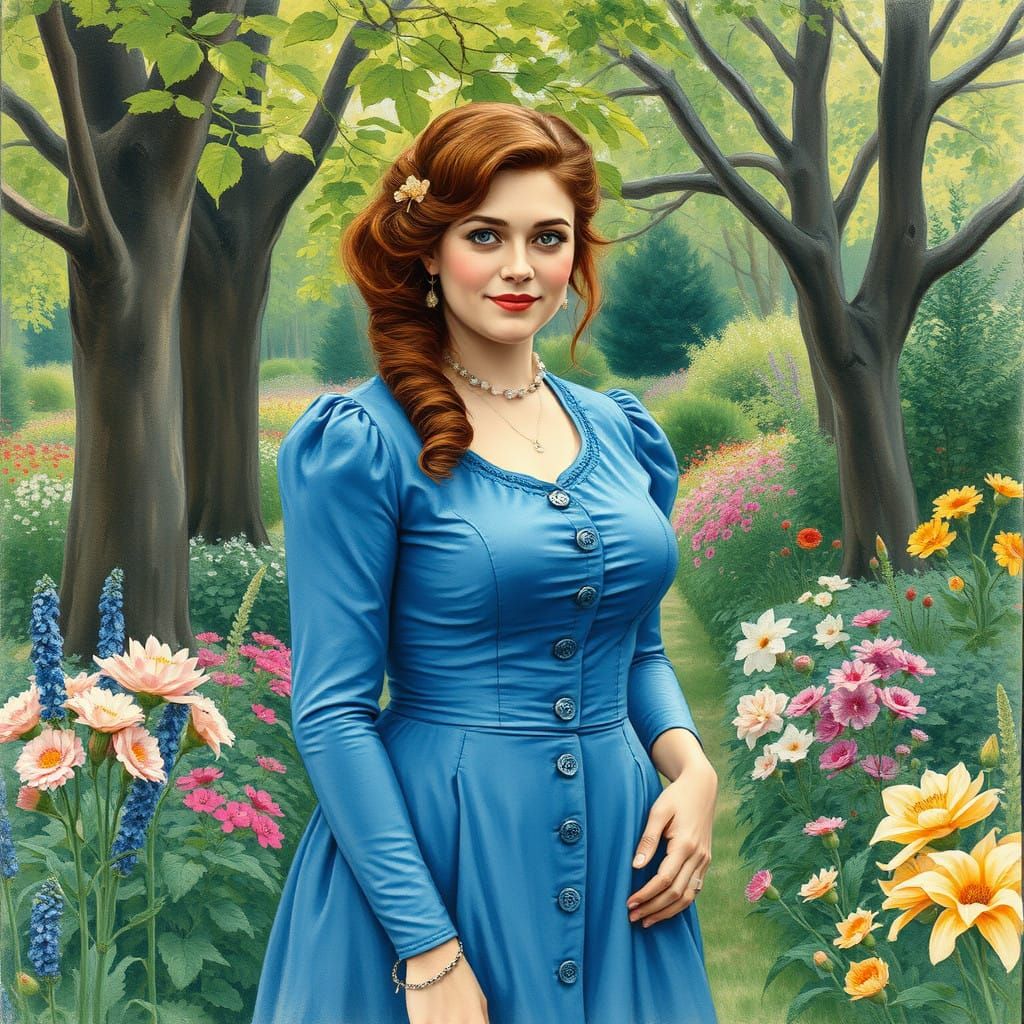 Victorian Beauty in a Botanic Garden Watercolor