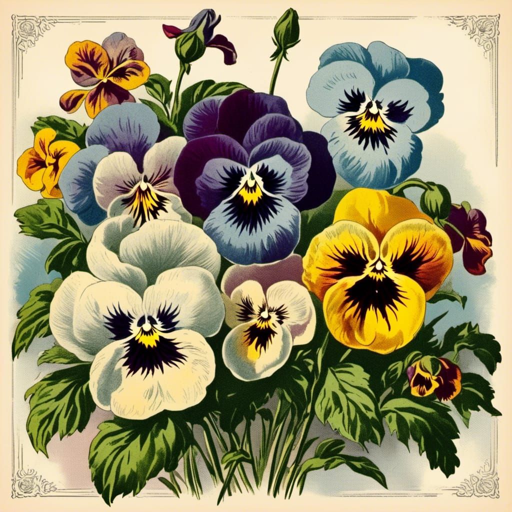 Vintage Pansies Advertisement Illustration with Ornate Borde...