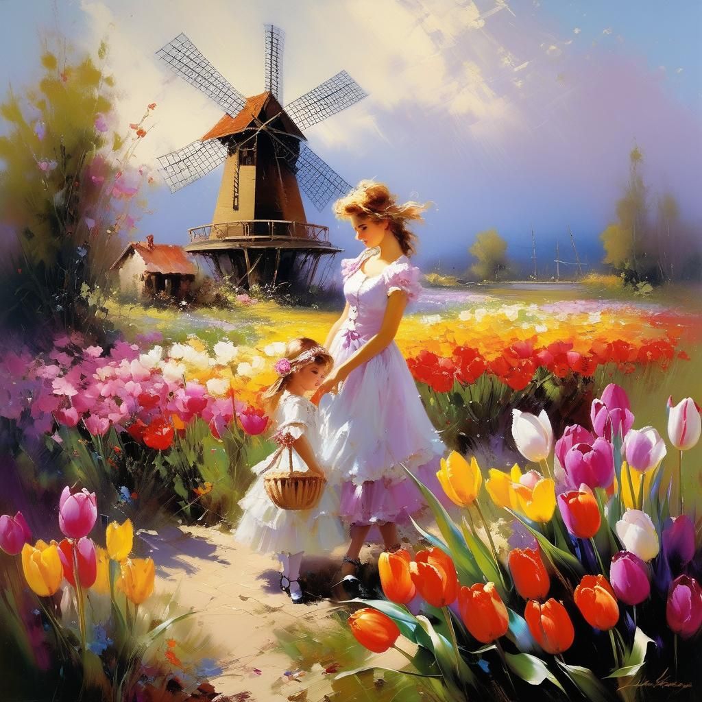 Elegant Tulips Oil Painting in Shabby Chic Style