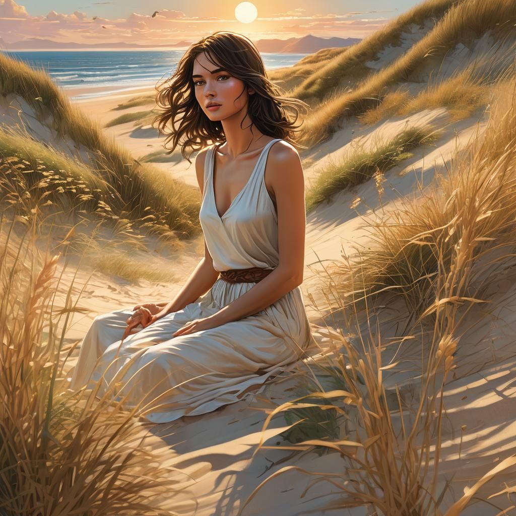 Serene Woman on Dunes: Comic Book Art