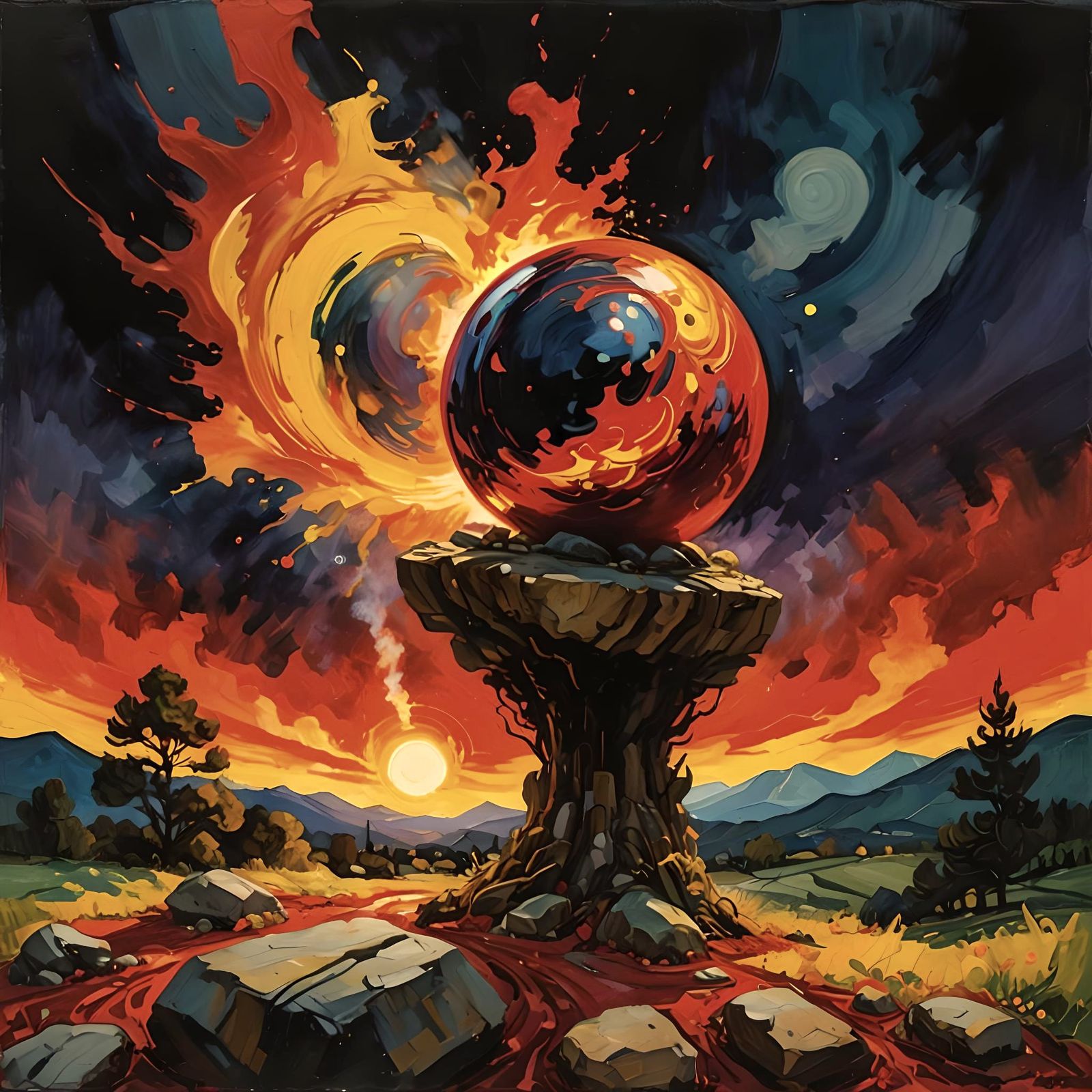 Glowing Red Orb Reflects Impressionist Sky