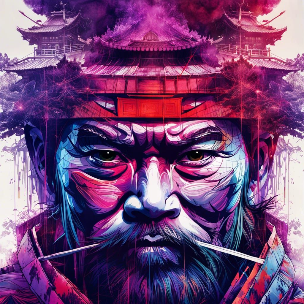 Samurai Warrior Double Exposure in Watercolor Style