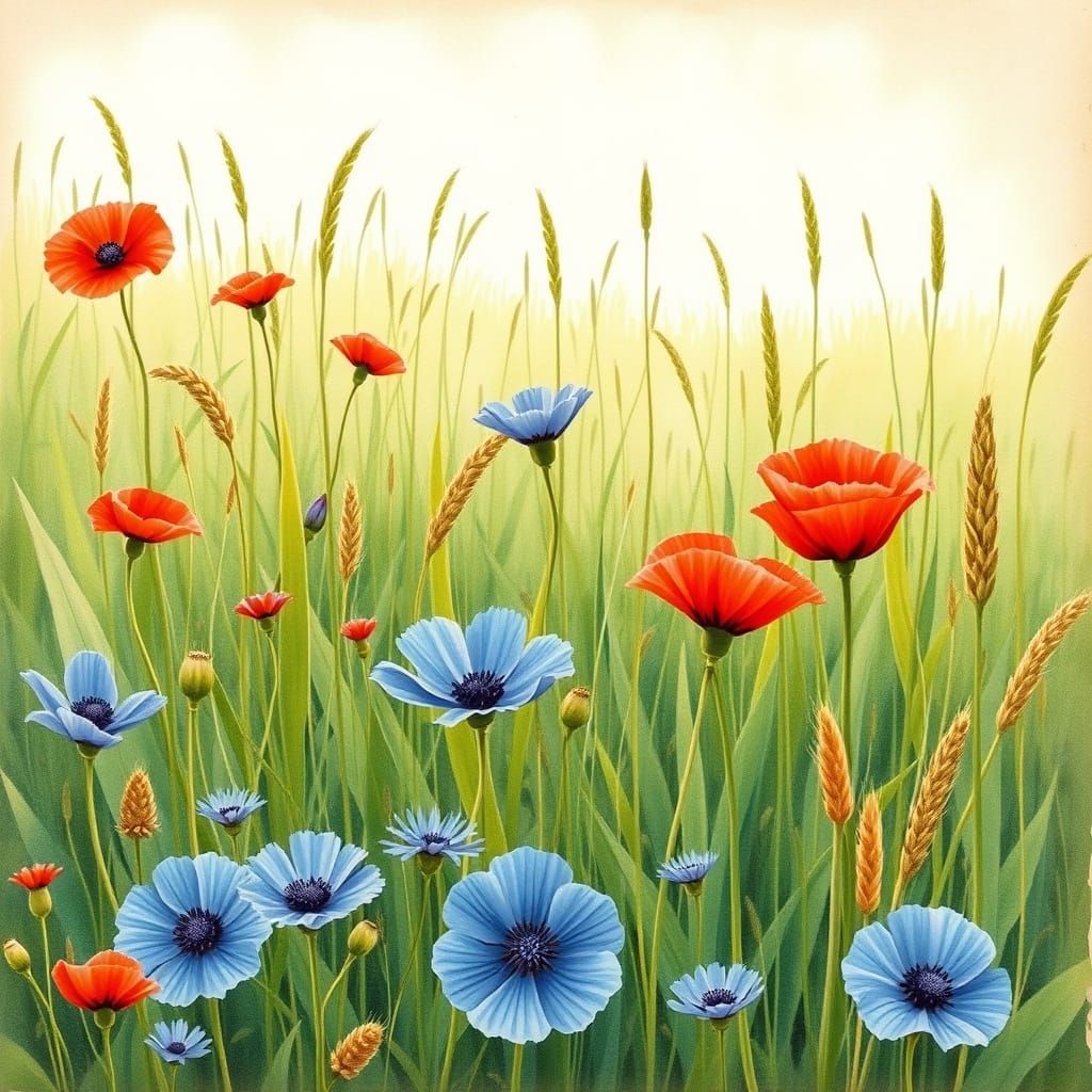 Vintage Watercolor Meadow with Wildflowers