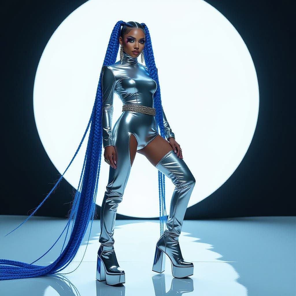 Futuristic Fashion in Metallic Silver Bodysuit