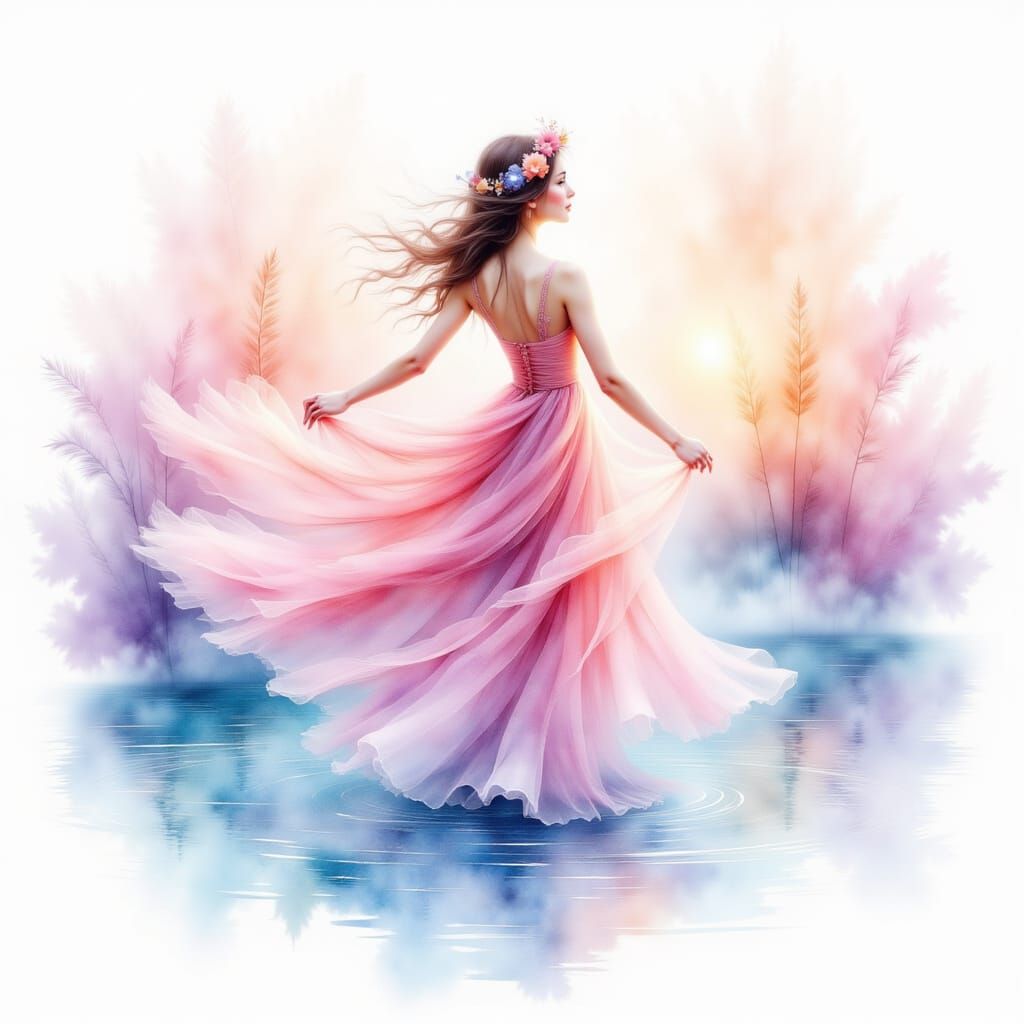 Smoke Fairy Dances Above Lake at Dawn in Watercolor Style