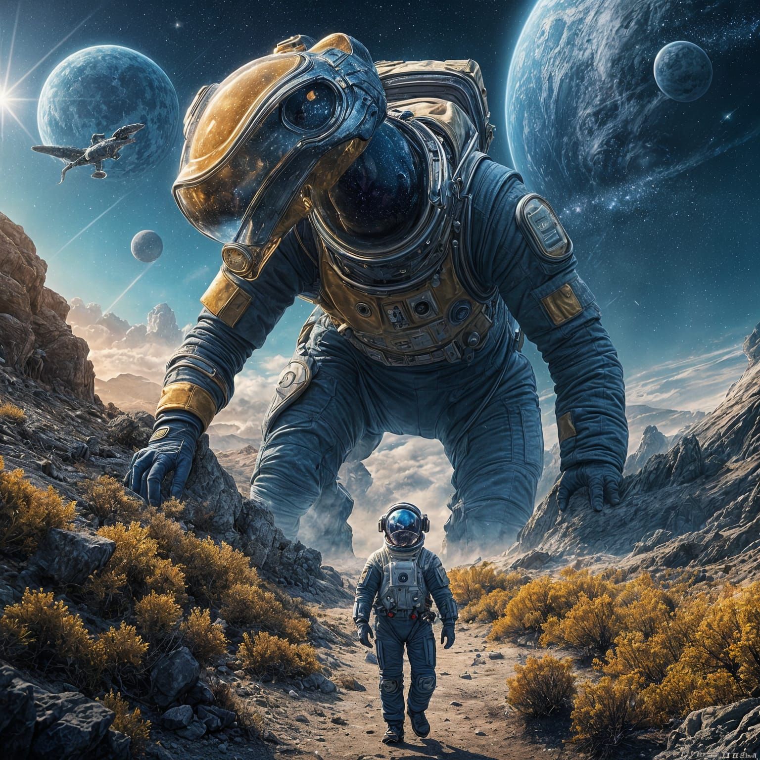 Astronaut Discovers Alien Landscape with Luminous Creature