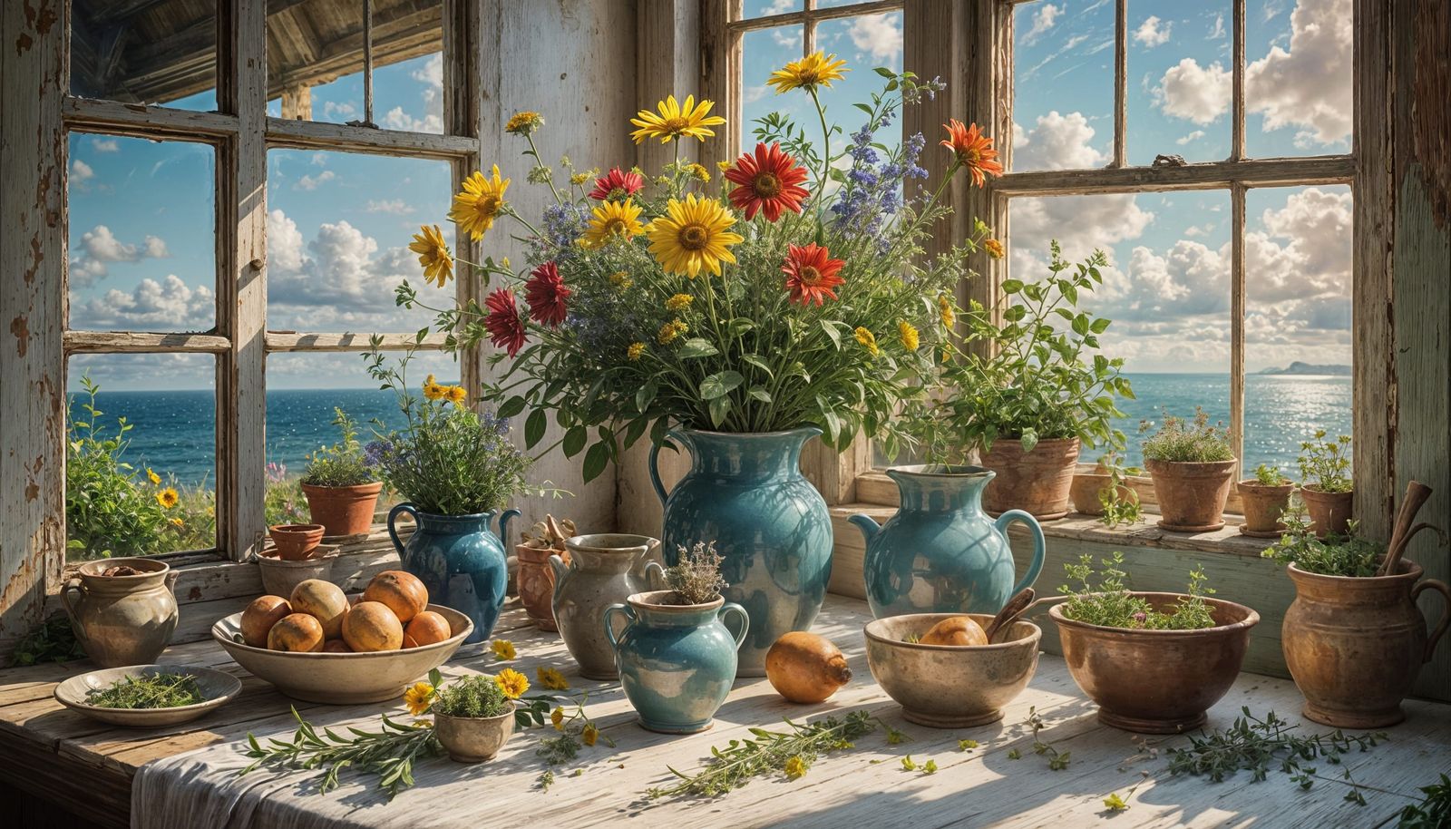 Photorealistic Flowers and Herbs with Sea View