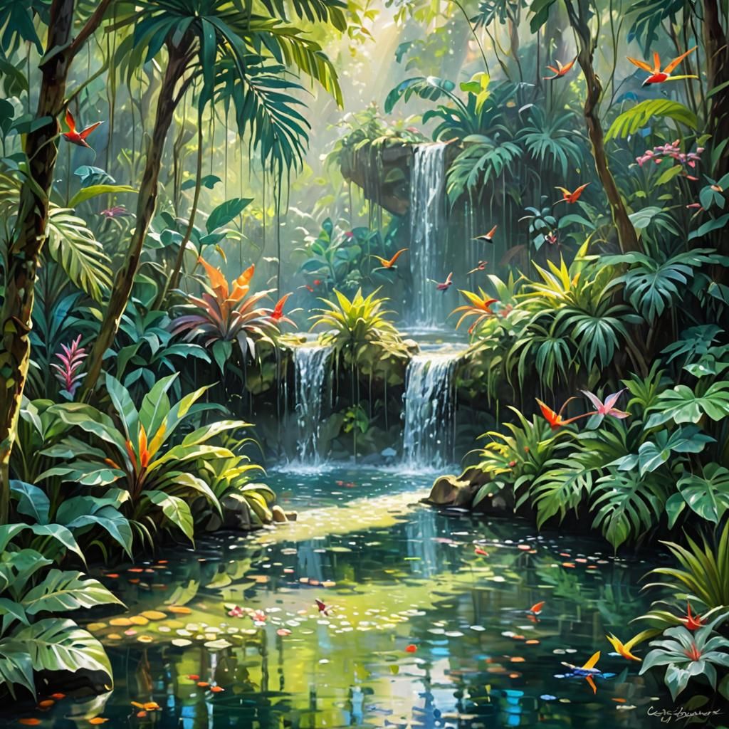 Tropical Rainforest Waterfall in Impressionist Style
