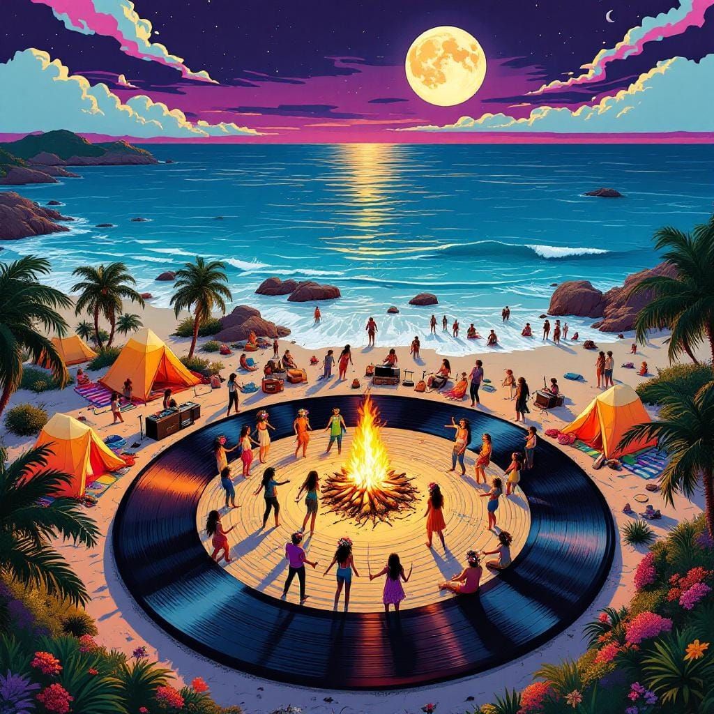 Hippies Dancing on Vinyl Record in Psychedelic Style