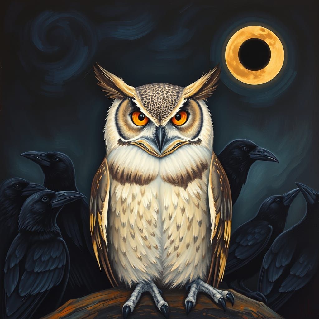 Owl Surrounded by Crows Under a Lunar Eclipse in Neo-Express...