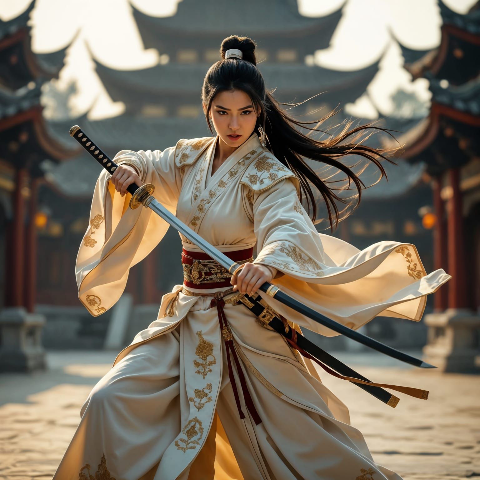 Warrior in Gold Robes with Katana in Ancient Temple