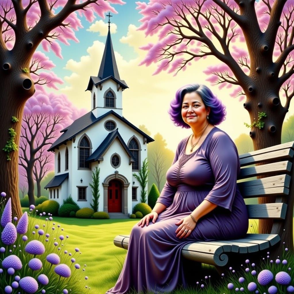 Serenely Seated Woman in a Whimsical Church Setting